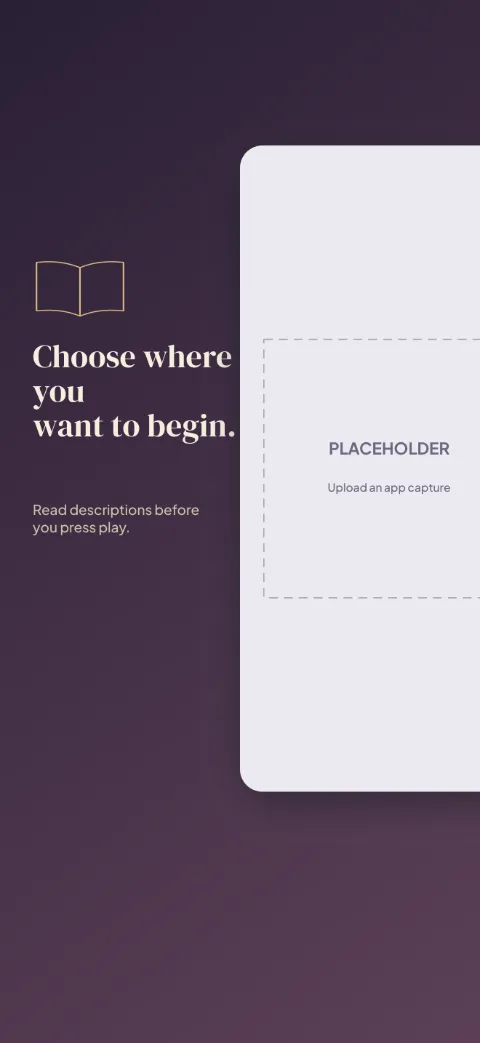 Story Cast slide 3 (secondary feature): “Choose where you want to begin.” over a dark gradient background with a episode screen slot and open book.