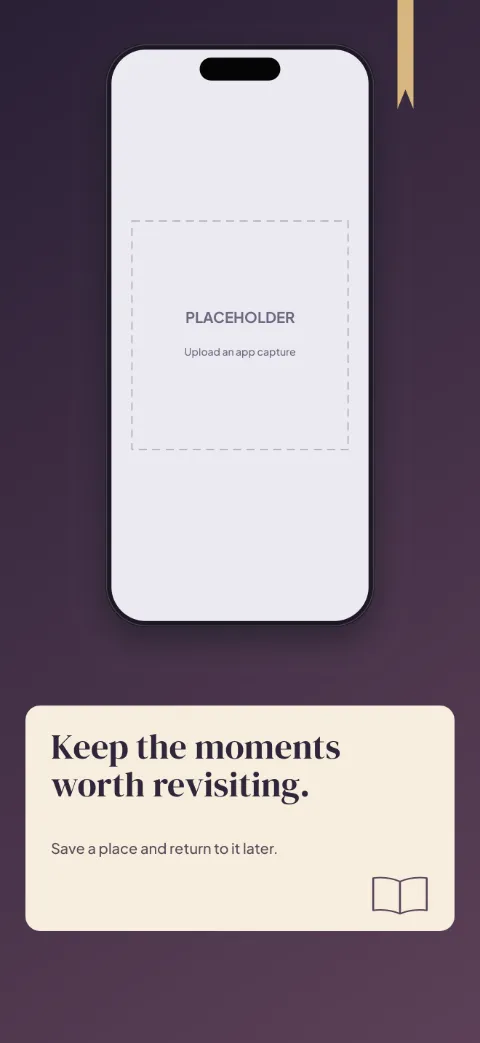Story Cast slide 5 (closing): “Keep the moments worth revisiting.” over a dark gradient background with a bookmarks screen slot and bookmark ribbon.
