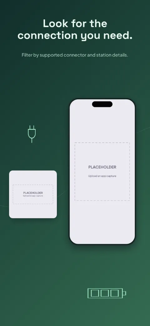 Charge Route slide 2 (primary feature): “Look for the connection you need.” over a dark gradient background with a filters screen slot and route path.