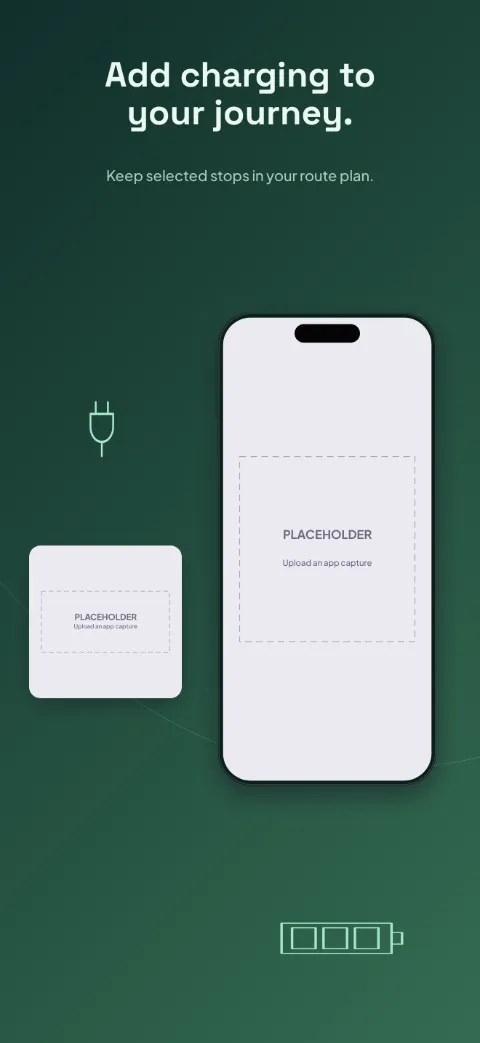 Charge Route slide 4 (personalisation): “Add charging to your journey.” over a dark gradient background with a route plan screen slot and route path.