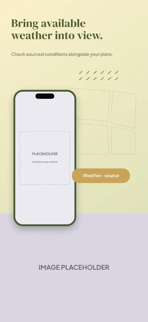Field Notes slide 4 (personalisation): “Bring available weather into view.” over a light gradient background with a weather context screen slot and crop rows.