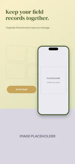 Field Notes farming crop management screenshot template: five slides, parchment, field green and ochre.