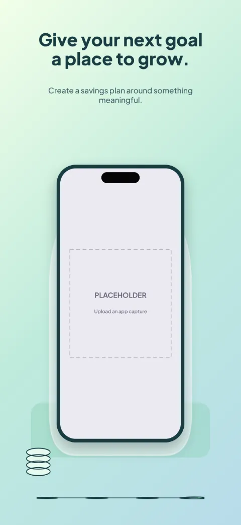 Goal Jar slide 1 (promise): “Give your next goal a place to grow.” over a light gradient background with a goals screen slot and jar outline.