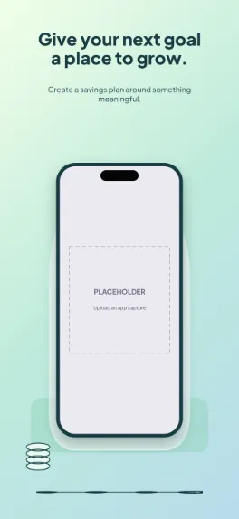 Goal Jar finance screenshot template: five slides, mint glass-like shapes and navy type.