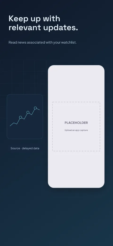 Market Lens slide 4 (personalisation): “Keep up with relevant updates.” over a dark gradient background with a news screen slot and grid fragment.