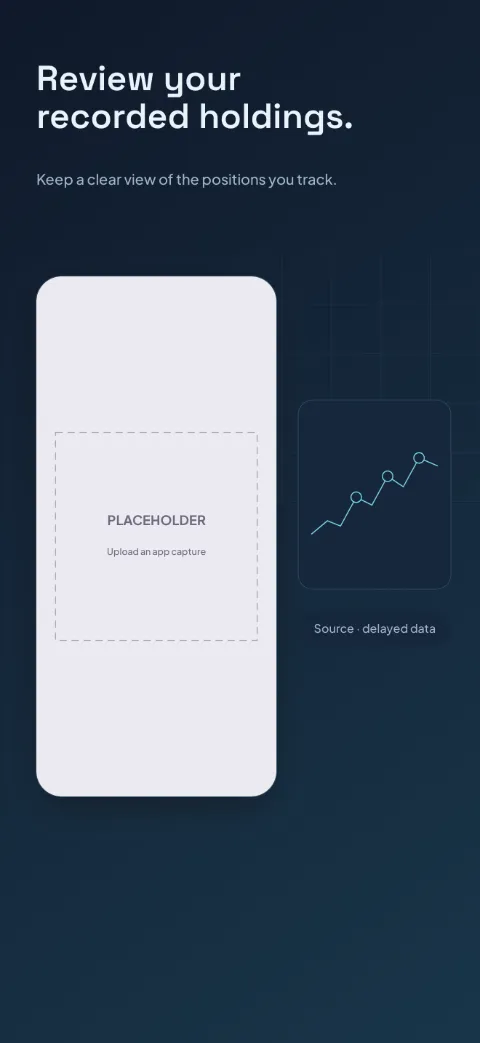 Market Lens slide 5 (closing): “Review your recorded holdings.” over a dark gradient background with a portfolio view screen slot and grid fragment.