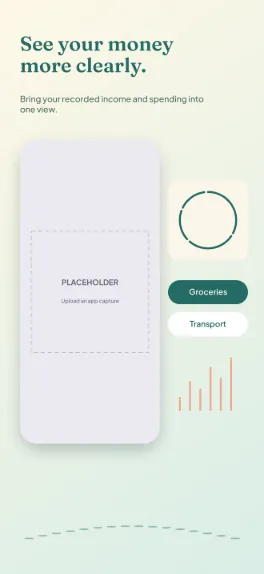 Money Map finance screenshot template: five slides, warm ivory, deep teal and peach.