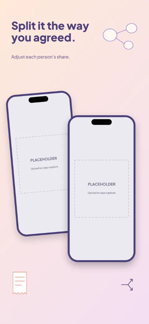 Split Circle slide 3 (secondary feature): “Split it the way you agreed.” over a light gradient background with a split editor · back screen slot and connected circles.
