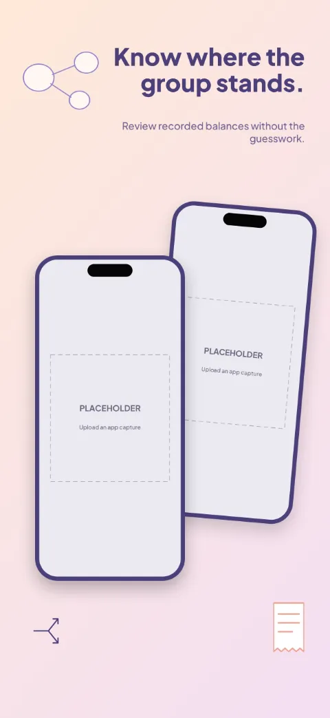 Split Circle slide 4 (personalisation): “Know where the group stands.” over a light gradient background with a balances · back screen slot and connected circles.