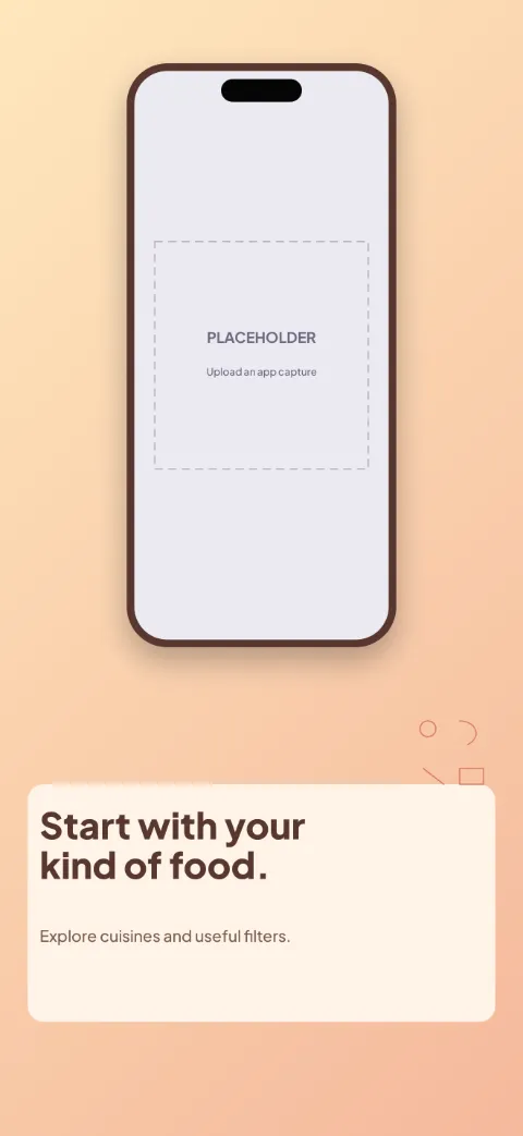At Your Table slide 2 (primary feature): “Start with your kind of food.” over a light gradient background with a filters screen slot and ingredient doodles.