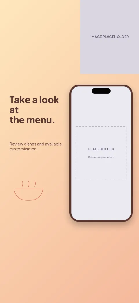 At Your Table slide 3 (secondary feature): “Take a look at the menu.” over a light gradient background with a menu screen slot and bowl.