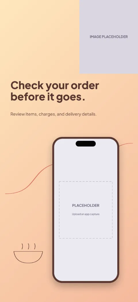 At Your Table slide 4 (personalisation): “Check your order before it goes.” over a light gradient background with a basket screen slot and delivery route.