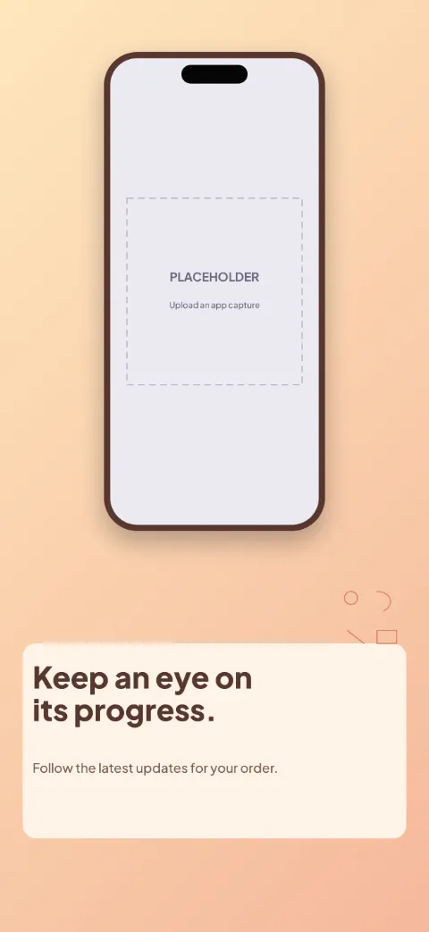 At Your Table slide 5 (closing): “Keep an eye on its progress.” over a light gradient background with a tracking screen slot and ingredient doodles.