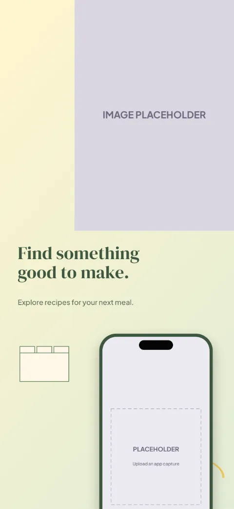 Fresh Table slide 1 (promise): “Find something good to make.” over a light gradient background with a discover screen slot and recipe tabs.