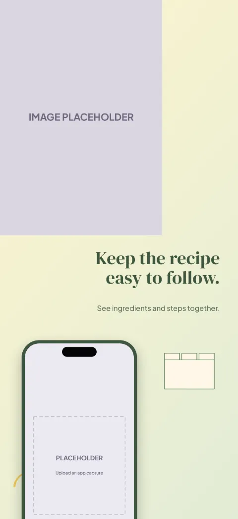 Fresh Table slide 2 (primary feature): “Keep the recipe easy to follow.” over a light gradient background with a recipe screen slot and recipe tabs.
