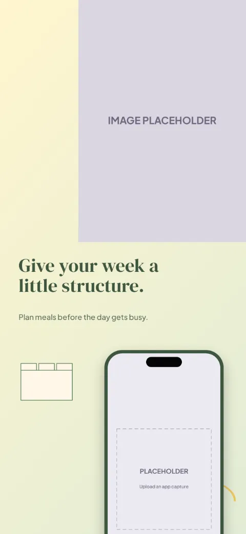 Fresh Table slide 3 (secondary feature): “Give your week a little structure.” over a light gradient background with a meal planner screen slot and recipe tabs.