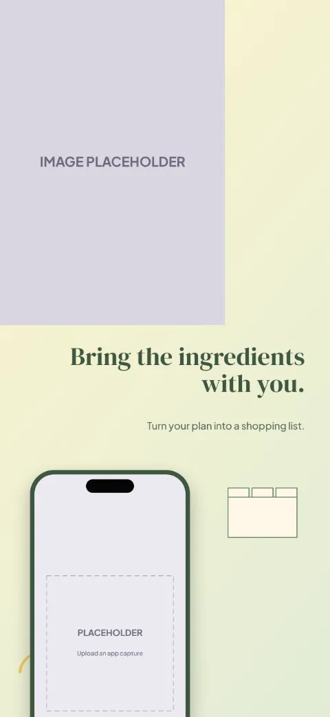 Fresh Table slide 4 (personalisation): “Bring the ingredients with you.” over a light gradient background with a shopping list screen slot and recipe tabs.
