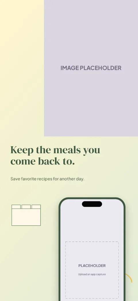 Fresh Table slide 5 (closing): “Keep the meals you come back to.” over a light gradient background with a favorites screen slot and recipe tabs.