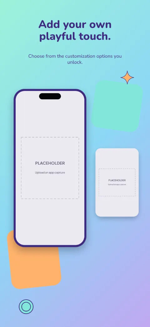 Play Quest slide 4 (personalisation): “Add your own playful touch.” over a light gradient background with a customization screen slot and star.