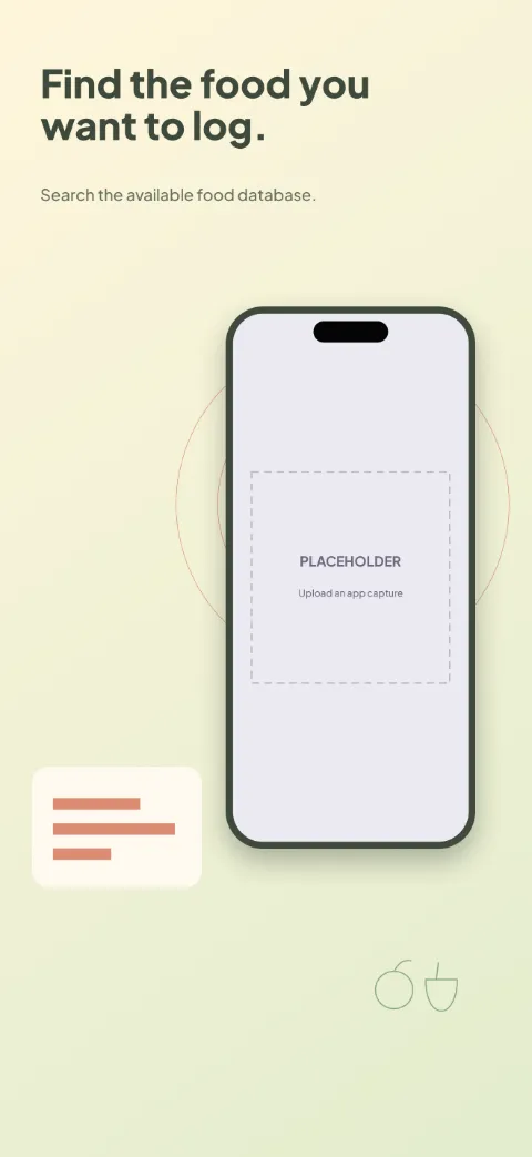 Daily Plate slide 2 (primary feature): “Find the food you want to log.” over a light gradient background with a food search screen slot and plate rings.