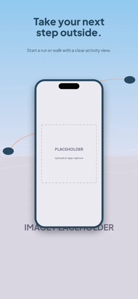 Run Horizon slide 1 (promise): “Take your next step outside.” over a light gradient background with a activity start screen slot and contour lines.