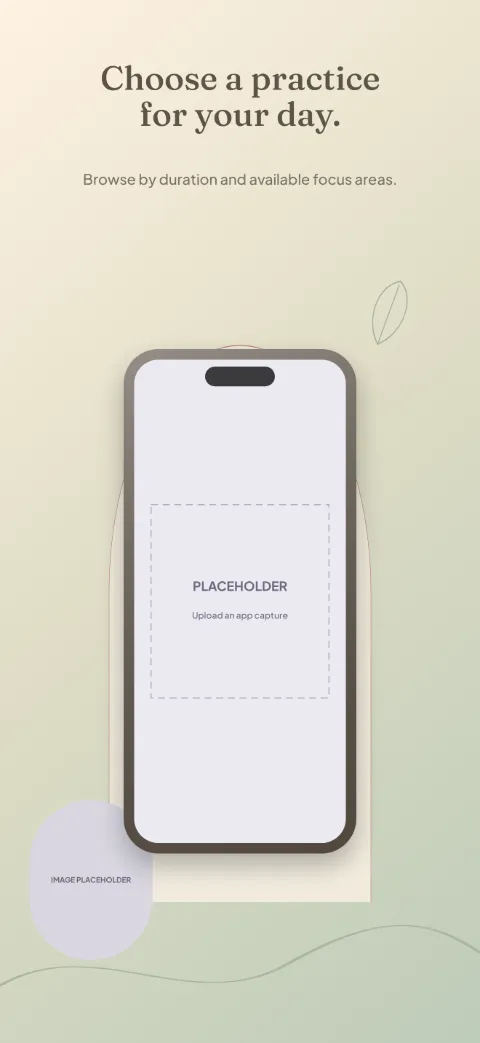 Soft Motion slide 2 (primary feature): “Choose a practice for your day.” over a light gradient background with a session screen slot and arch.