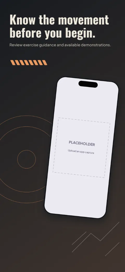 Strong Form slide 2 (primary feature): “Know the movement before you begin.” over a dark gradient background with a exercise screen slot and rep ticks.