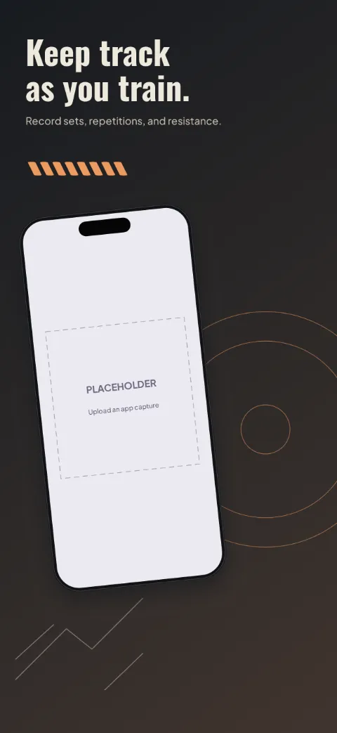 Strong Form slide 3 (secondary feature): “Keep track as you train.” over a dark gradient background with a workout log screen slot and rep ticks.