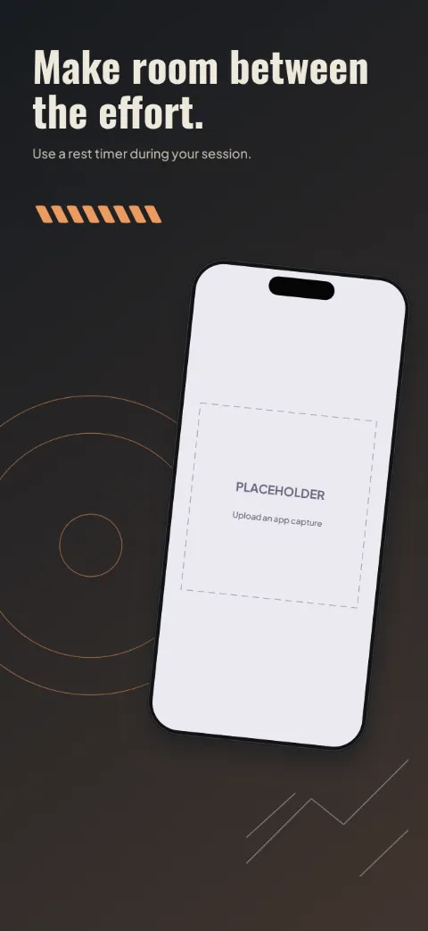 Strong Form slide 4 (personalisation): “Make room between the effort.” over a dark gradient background with a rest timer screen slot and rep ticks.