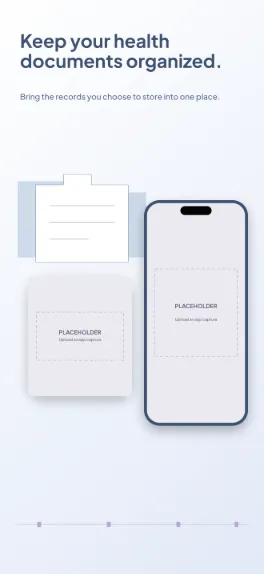 Health Folder health records screenshot template: five slides, pale blue and white with soft violet filing accents.