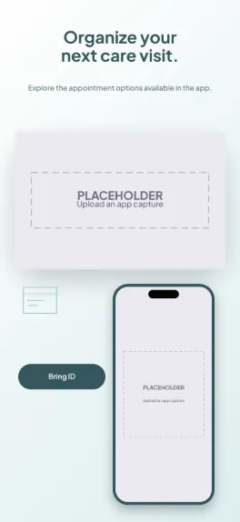 Visit Ready healthcare appointments screenshot template: five slides, clinical white, muted turquoise and slate.