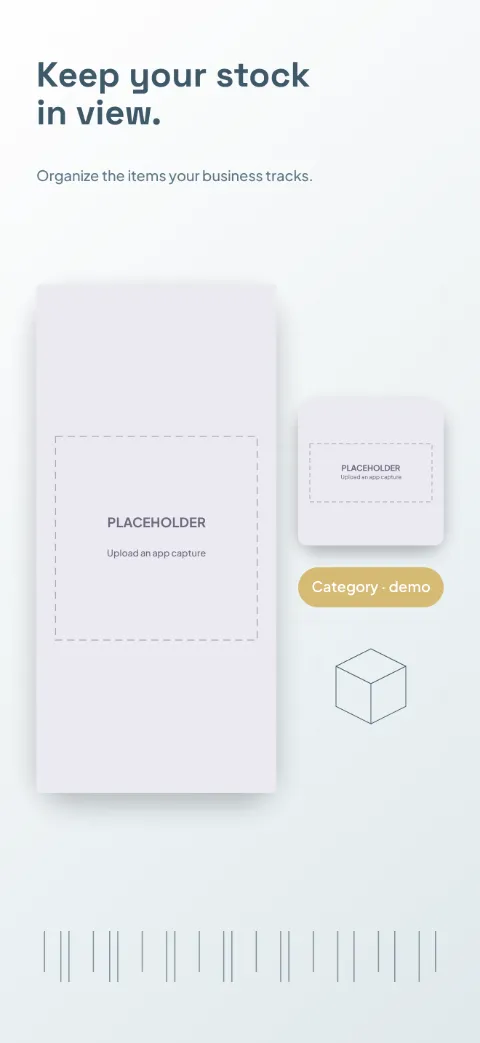 Stock Room slide 1 (promise): “Keep your stock in view.” over a light gradient background with a stock screen slot and shelf grid.