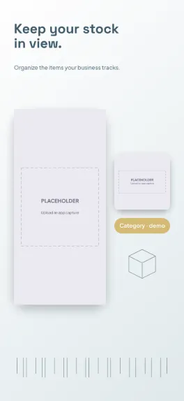 Stock Room inventory management screenshot template: five slides, white and slate blue with mustard category accents.
