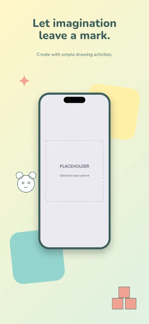 Little Wonder slide 4 (personalisation): “Let imagination leave a mark.” over a light gradient background with a drawing screen slot and animal outline.