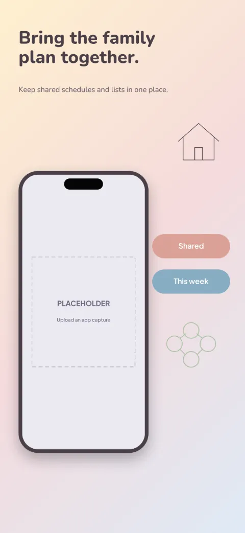 Family Nest slide 1 (promise): “Bring the family plan together.” over a light gradient background with a dashboard screen slot and house outline.