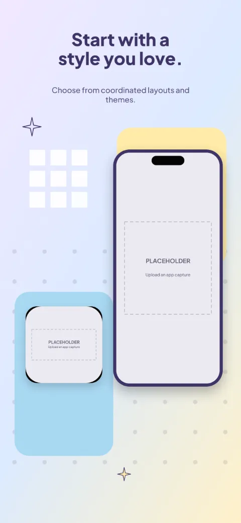 Home Canvas slide 2 (primary feature): “Start with a style you love.” over a light gradient background with a editor screen slot and alignment grid.
