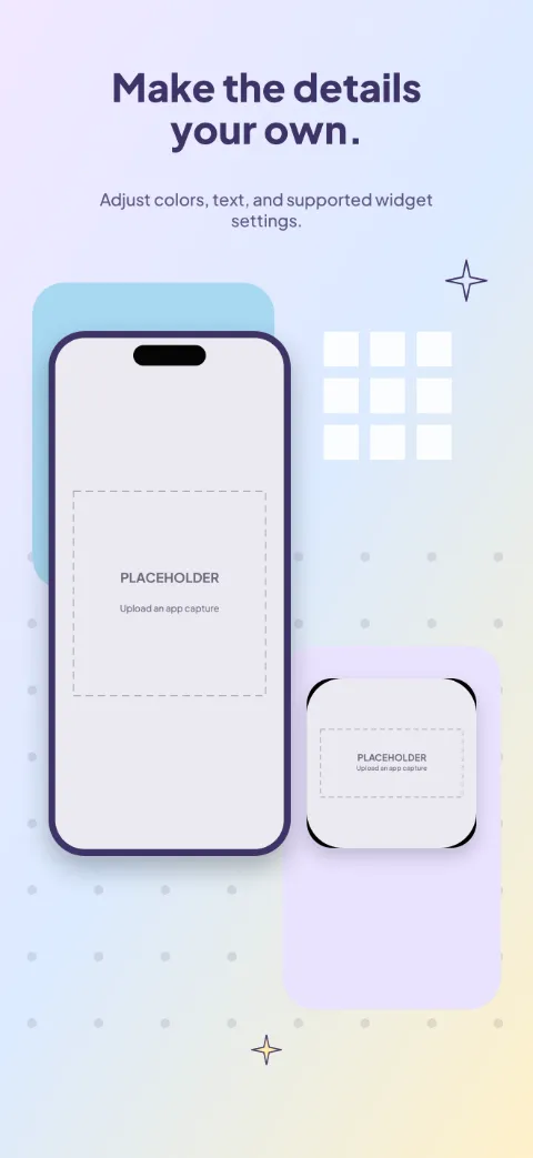 Home Canvas slide 3 (secondary feature): “Make the details your own.” over a light gradient background with a themes screen slot and alignment grid.