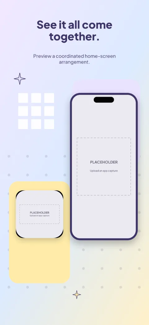 Home Canvas slide 4 (personalisation): “See it all come together.” over a light gradient background with a home preview screen slot and alignment grid.