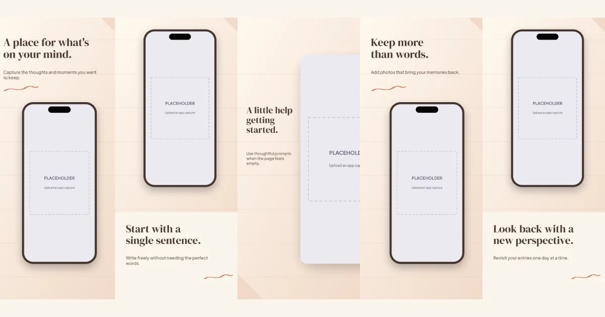 Paper Days lifestyle screenshot template: five slides, warm paper, literary serif, journal-page crops alternating with an upright phone.