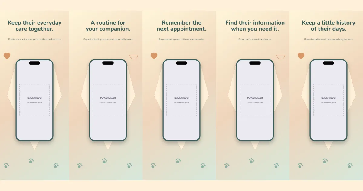 Pet Days lifestyle screenshot template: five slides, biscuit cream, muted orange and warm teal.