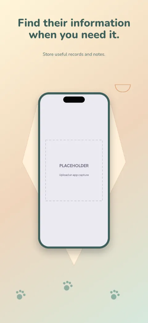 Pet Days slide 4 (personalisation): “Find their information when you need it.” over a light gradient background with a records screen slot and collar tag.