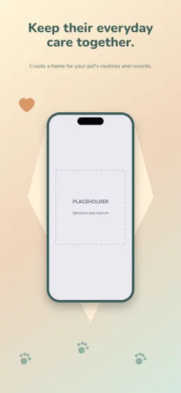 Pet Days lifestyle screenshot template: five slides, biscuit cream, muted orange and warm teal.