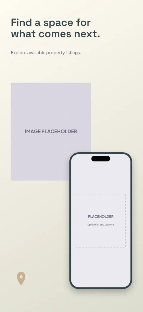 Place & Space slide 1 (promise): “Find a space for what comes next.” over a light gradient background with a map search screen slot and window grid.