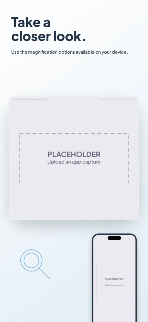 Clear Access slide 1 (promise): “Take a closer look.” over a light gradient background with a magnifier (oversized crop) screen slot and focus brackets.