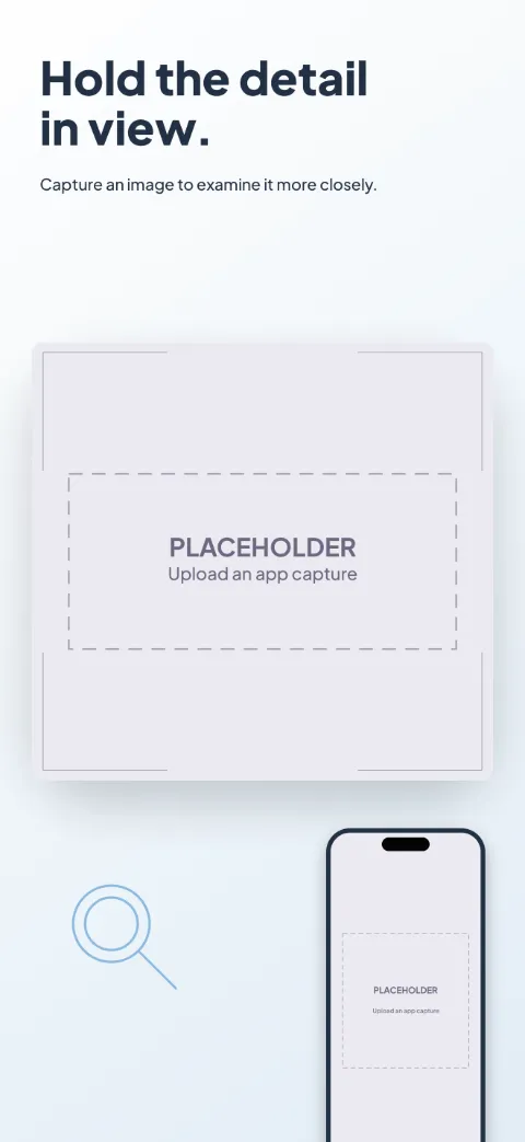 Clear Access slide 3 (secondary feature): “Hold the detail in view.” over a light gradient background with a capture (oversized crop) screen slot and focus brackets.