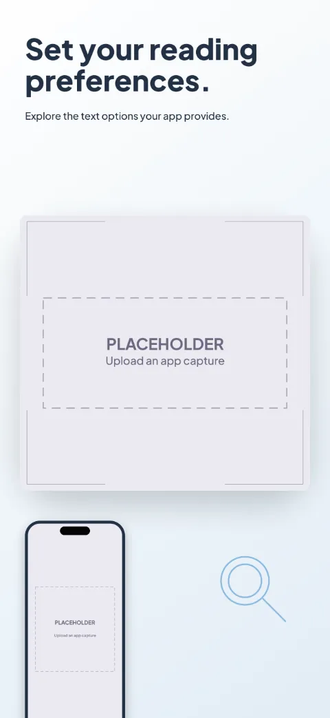 Clear Access slide 4 (personalisation): “Set your reading preferences.” over a light gradient background with a reading options (oversized crop) screen slot and focus brackets.