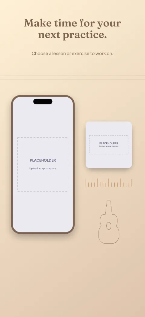 Practice Room slide 1 (promise): “Make time for your next practice.” over a light gradient background with a lessons screen slot and staff lines.