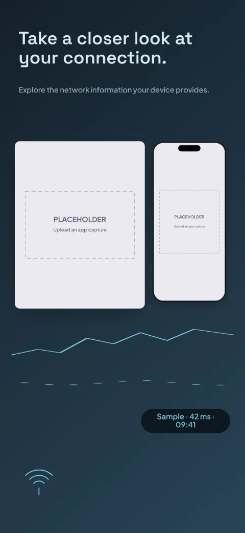 Signal Check slide 1 (promise): “Take a closer look at your connection.” over a dark gradient background with a overview (dashboard crop) screen slot and chart grid.