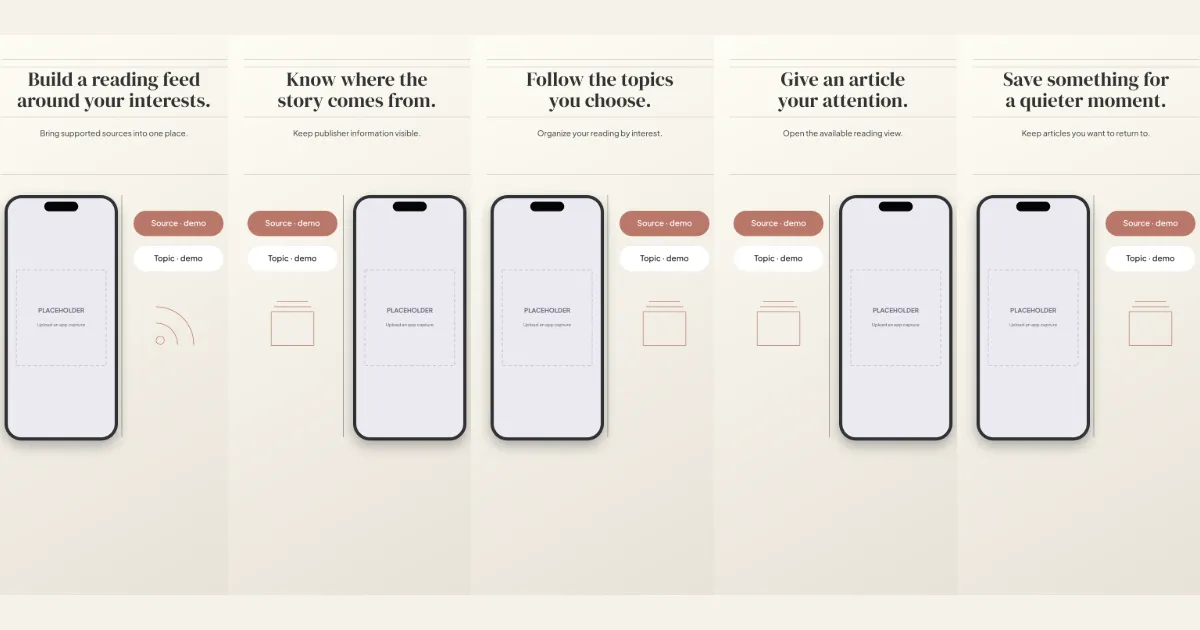 News Perspective news rss screenshot template: five slides, off-white and charcoal with brick-red accents.