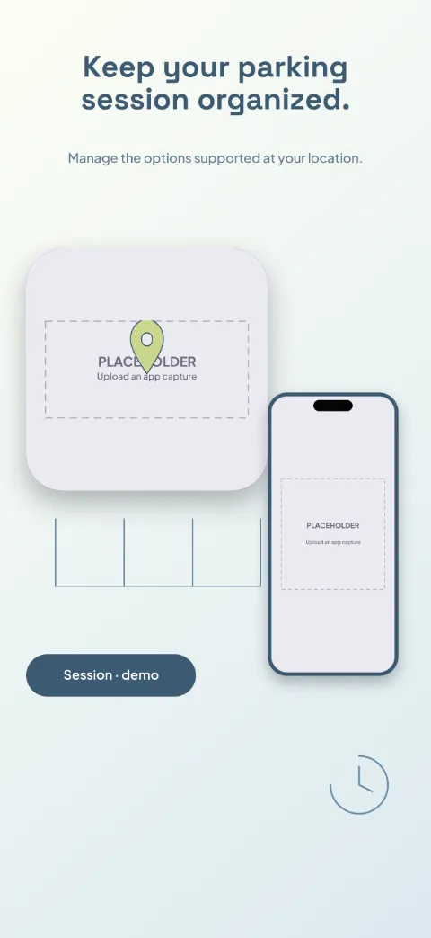 Park Simple slide 3 (secondary feature): “Keep your parking session organized.” over a light gradient background with a session (map spotlight) screen slot and parking-space lines.